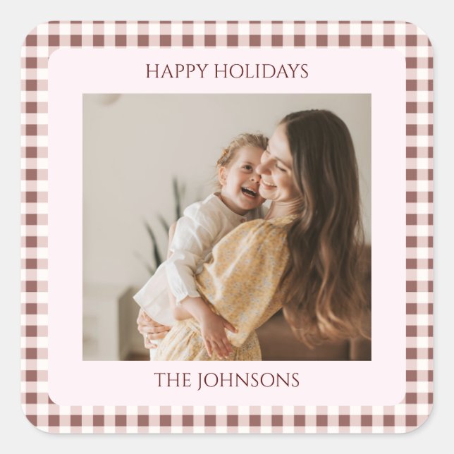 Pegatina Cuadrada Dark Red Gingham Plaid Custom Photo Greeting (Anverso)