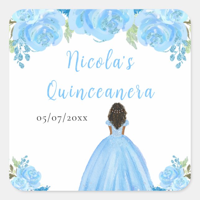 Pegatina Cuadrada Dark Skin Princess Blue Floral Quinceanera (Anverso)