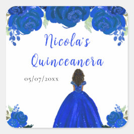 Pegatina Cuadrada Dark Skin Princess Blue Floral Quinceanera