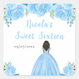 Pegatina Cuadrada Dark Skin Princess Blue Floral Sweet Sixteen