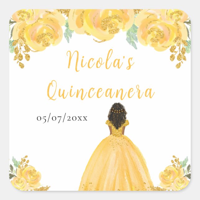 Pegatina Cuadrada Dark Skin Princess Gold Floral Quinceanera (Anverso)