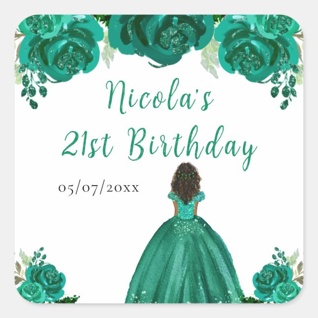Pegatina Cuadrada Dark Skin Princess Green Floral Birthday Party (Anverso)
