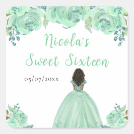 Pegatina Cuadrada Dark Skin Princess Mint Floral Sweet Sixteen