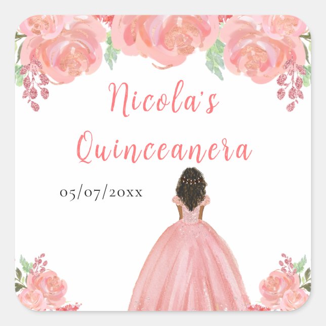 Pegatina Cuadrada Dark Skin Princess Pink Floral Quinceanera (Anverso)