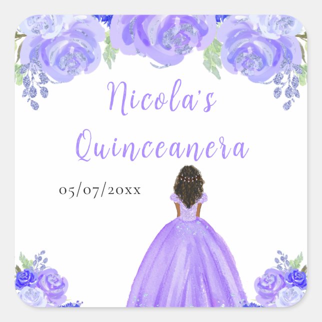 Pegatina Cuadrada Dark Skin Princess Purple Floral Quinceanera (Anverso)