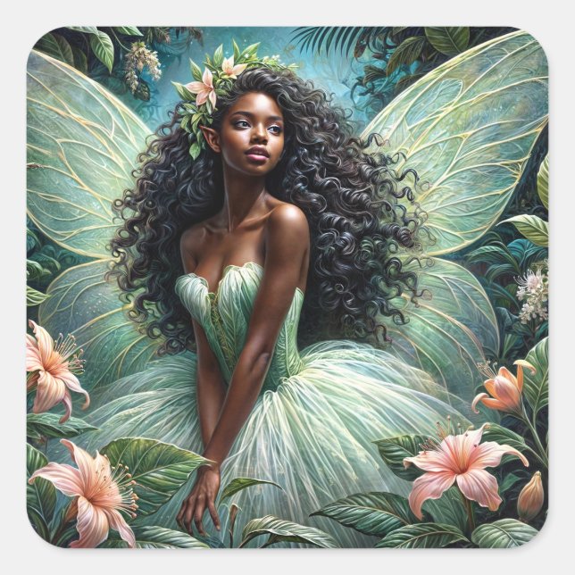 Pegatina Cuadrada Dark-Skinned Fairy In Mint Green Botanical (Anverso)
