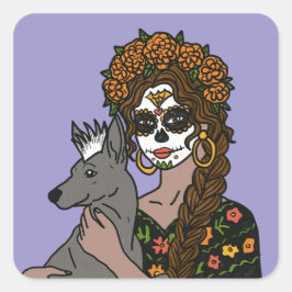 Pegatina Cuadrada Day of the Dead Marigold and Xolo Dog Stickers