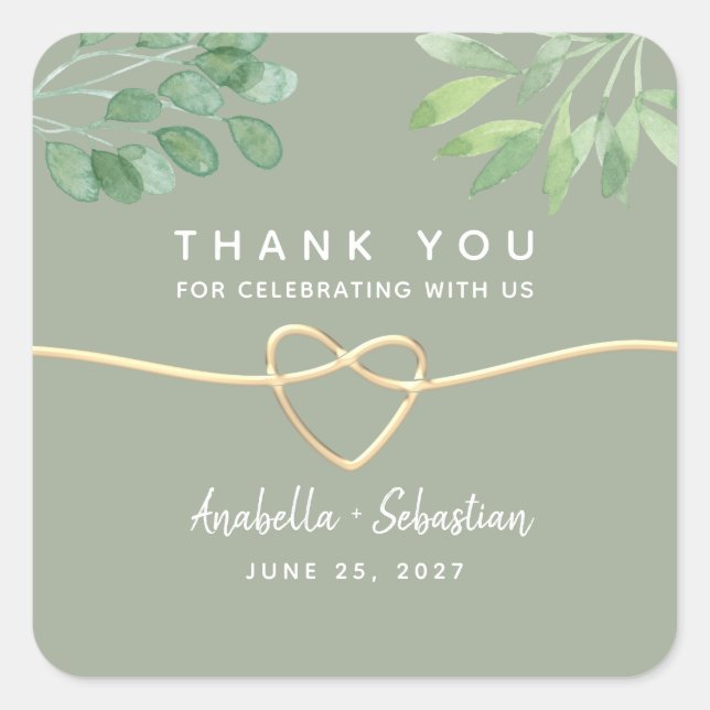 Pegatina cuadrada de agradecimiento de boda verde  (Anverso)