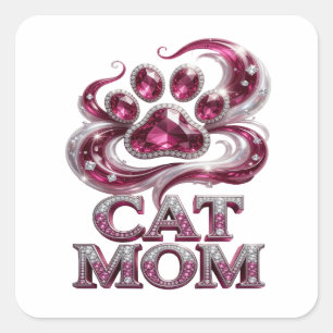 Pegatina cuadrada de CAT MOM rosa de moda