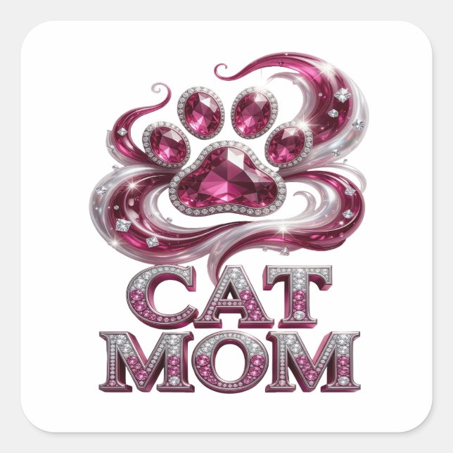 Pegatina cuadrada de CAT MOM rosa de moda (Anverso)