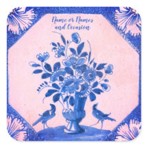 Pegatina cuadrada de Delft floral personalizada de