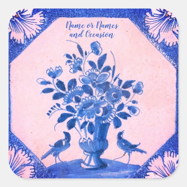 Pegatina cuadrada de Delft floral personalizada de (Anverso)