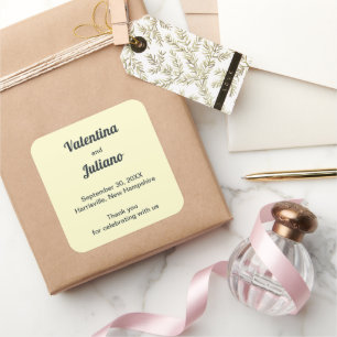 Pegatina cuadrada de favor de boda con texto de pi