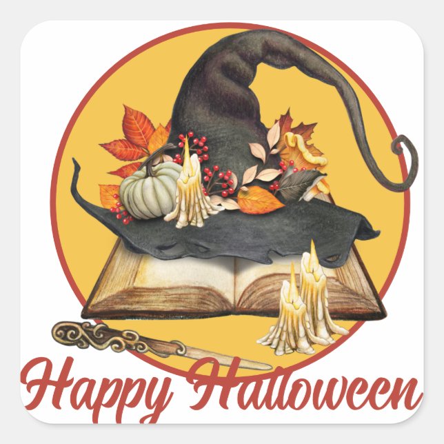 Pegatina cuadrada de Halloween de sombrero de bruj (Anverso)