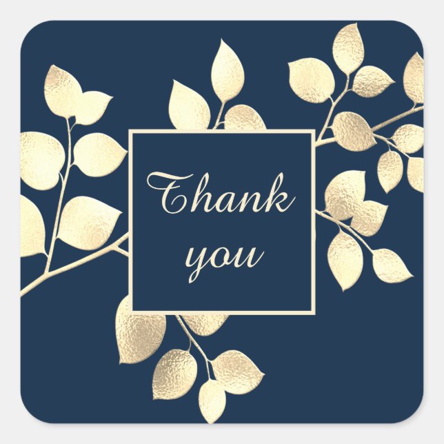 Pegatina cuadrada de hojas doradas azules romántic (Anverso)