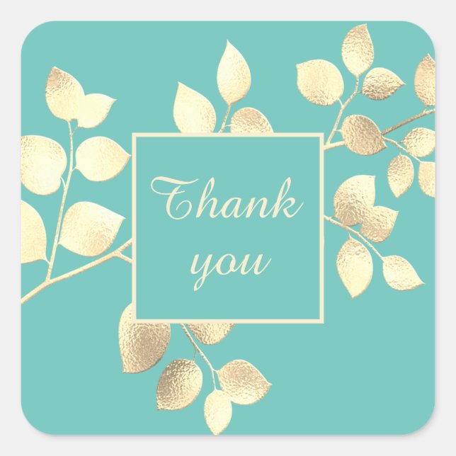 Pegatina cuadrada de hojas doradas verdes romántic (Anverso)