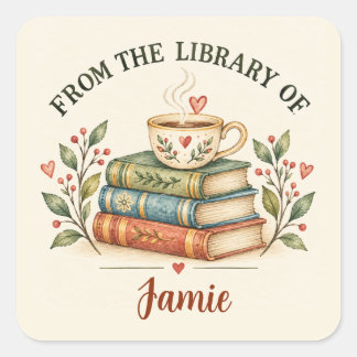 Pegatina Cuadrada De la Biblioteca de | Amante de Libros Personaliza