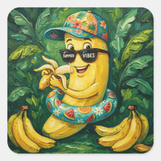 Pegatina Cuadrada De La Biblioteca De Banana Summer Vibes Exlibris
