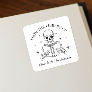 Pegatina Cuadrada De La Biblioteca De Calavera Ex Libris