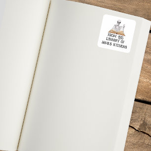 Pegatina Cuadrada De La Biblioteca De Esqueleto Amante De La Lectura