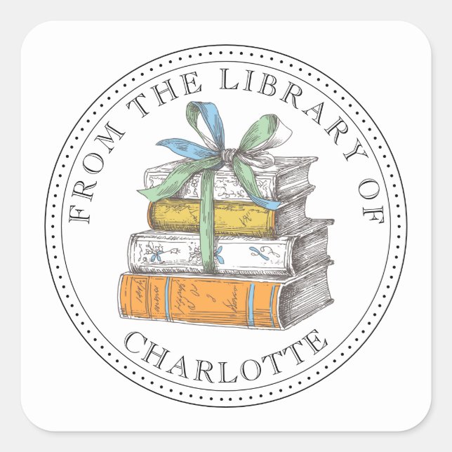 Pegatina Cuadrada De La Biblioteca De Ex Libris Ilustrado (Anverso)