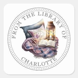 Pegatina Cuadrada De La Biblioteca De Exlibris Ilustrado