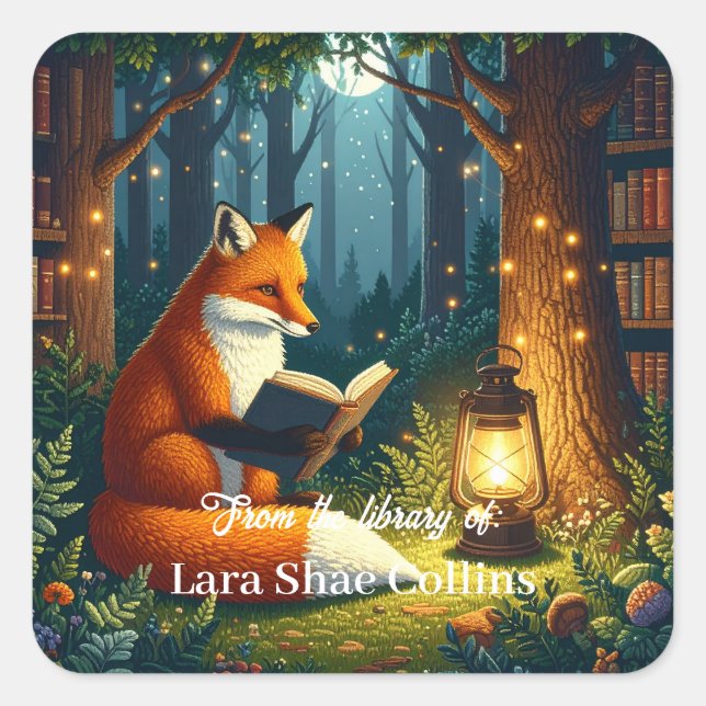 Pegatina Cuadrada De la biblioteca de Fox Magical Forest Library (Anverso)