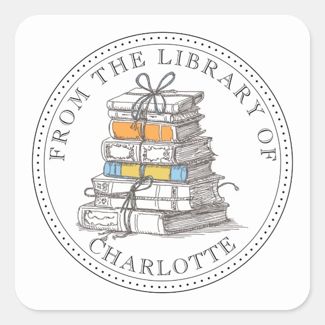 Pegatina Cuadrada De La Biblioteca de Paquete De Libros Exlibris (Anverso)