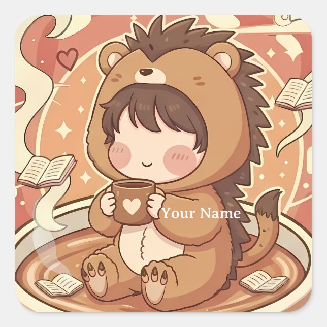 Pegatina cuadrada de la cafetería Cozy Hedgehog (Anverso)