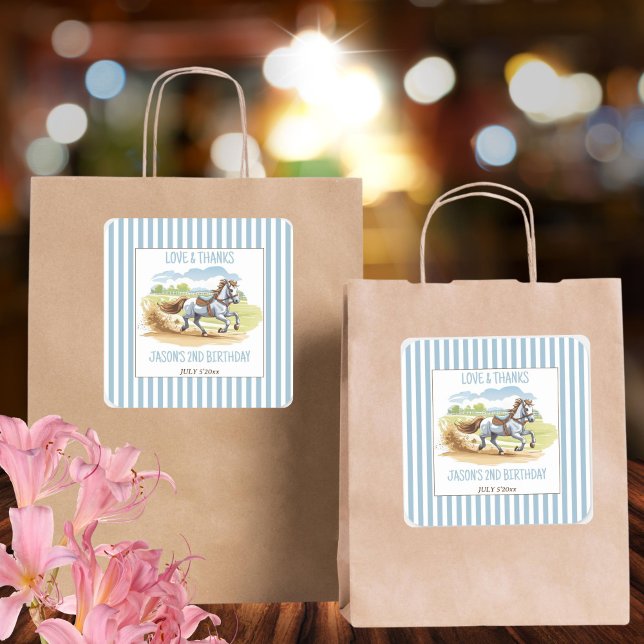Pegatina Cuadrada De las dos carreras, el favor del cumpleaños ecues (Off two the races horses equestrian pony birthday party thank you favor printed sticker template)