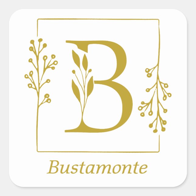 Pegatina cuadrada de letra B botánica en oro moder (Anverso)
