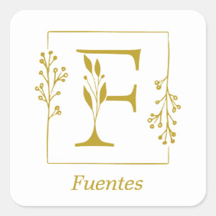 Pegatina cuadrada de letra F botánica en oro moder