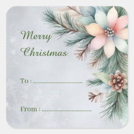 Pegatina Cuadrada De Para Feliz Navidad Floral Verdor Regalo