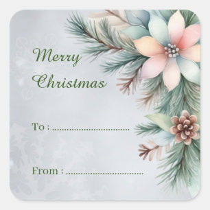 Pegatina Cuadrada De Para Feliz Navidad Floral Verdor Regalo