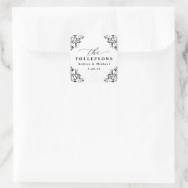 Pegatina cuadrada de regalo de boda elegante en bl