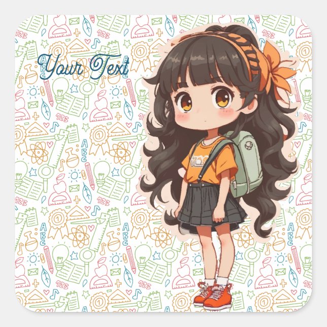 Pegatina Cuadrada De vuelta a la escuela. Chica escolar (Anverso)