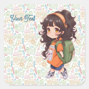 Pegatina Cuadrada De vuelta a la escuela. Chica escolar