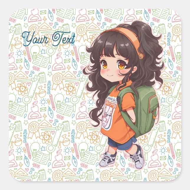 Pegatina Cuadrada De vuelta a la escuela. Chica escolar (Anverso)