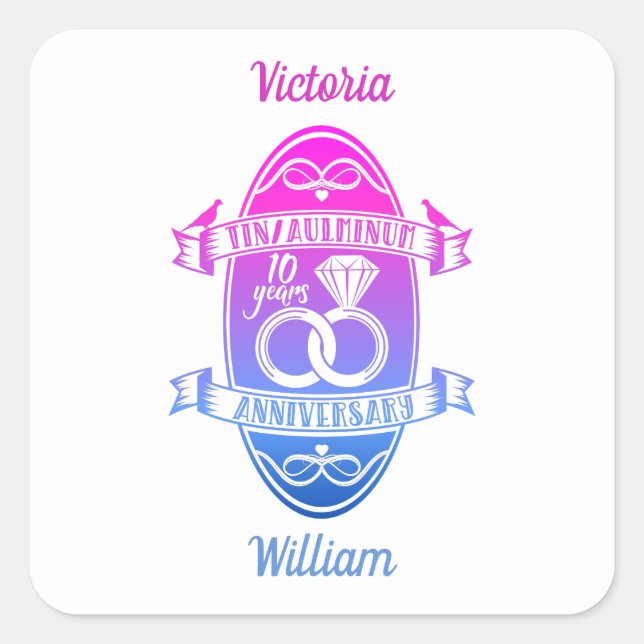 Pegatina Cuadrada Décimo aniversario boda TIN ALUMINIO (Anverso)