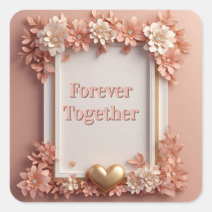 Pegatina Cuadrada 🌹 Decoración de boda floral melocotón con corazón