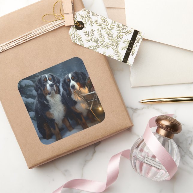 Pegatina Cuadrada Decoración de los Navidades de montaña Snowy Sleig (Regalar)