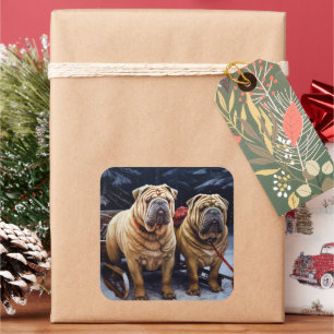 Pegatina Cuadrada Decoración de los Navidades de Shar Pei Snowy Slei
