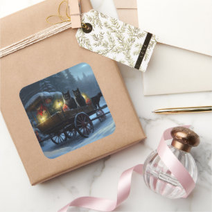 Pegatina Cuadrada Decoración de los Navidades de Sleigh Ride, un gat