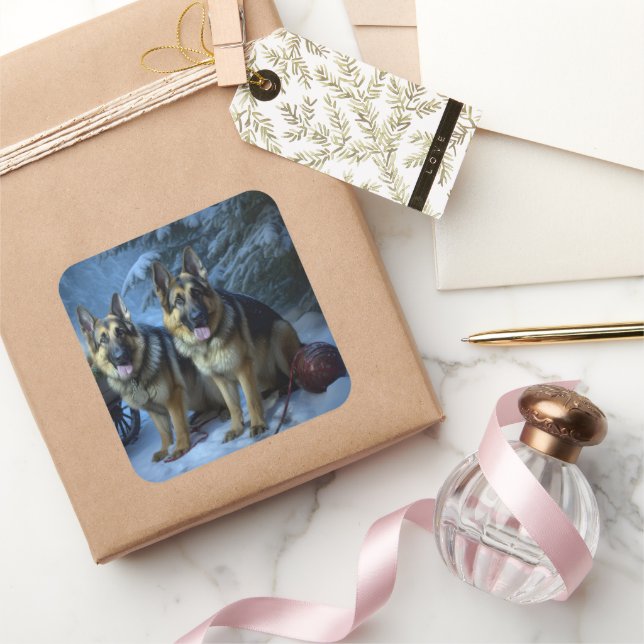 Pegatina Cuadrada Decoración de los Navidades del Pastor Alemán Snow (Regalar)