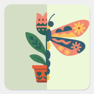 Pegatina Cuadrada Decoración de mariposa colorida con elementos flor