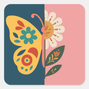 Pegatina Cuadrada Decoración de mariposa colorida con elementos flor