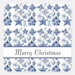 Pegatina Cuadrada Decoración de Navidad en Delft Blue personalizable