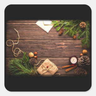Pegatina Cuadrada Decoración de navidades con madera de grano y pino