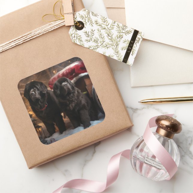 Pegatina Cuadrada Decoración de Navidades de Newfoundland Snowy Slei (Regalar)