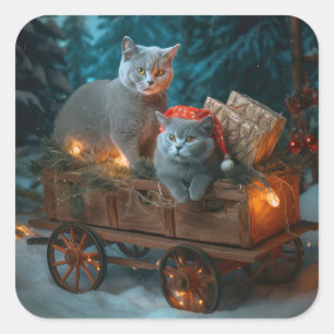 Pegatina Cuadrada Decoración de Navidades de Sleigh de gato azul rus